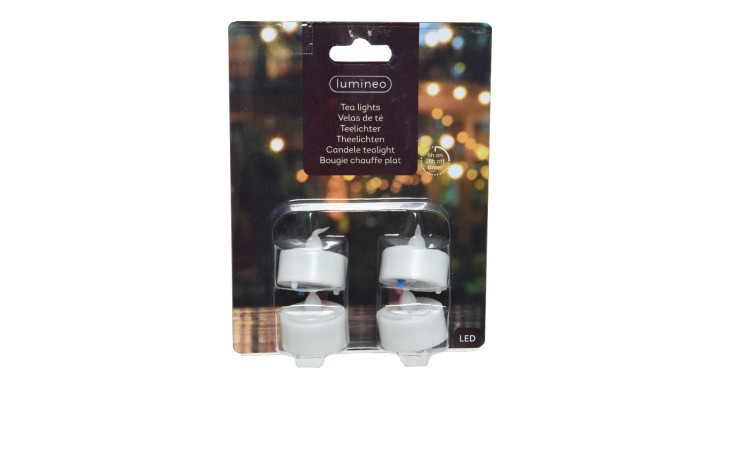 LED-Teelicht-Set 4 tlg., je 3 cm, weiß, in Kunststoffverpackung mit festlichem Bokeh-Hintergrund, Marke Lumineo.