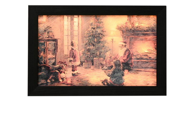 Eine gemütliche, bunte Weihnachtsszene auf der Licht-LED-Leinwand Weihnachten 28 x 18 cm, warm beleuchtet und schön gerahmt.