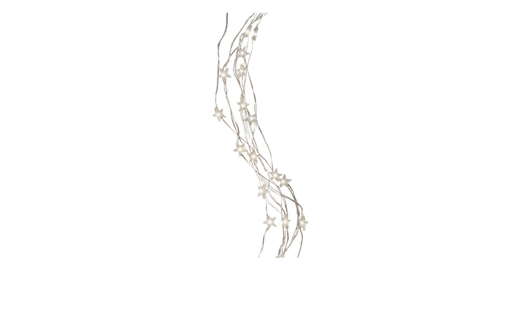 Silberfarbenes LED-Lichterkettenbündel Stern 66 cm hängt vertikal vor weißem Hintergrund.