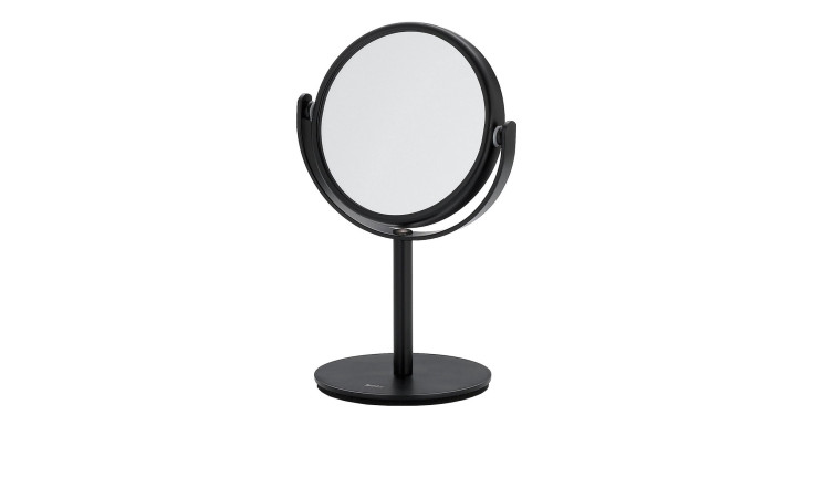 Der Standspiegel Selena 15 cm ist ein runder, schwarzer Tischspiegel mit einem Metallständer und einem verstellbaren Rahmen.