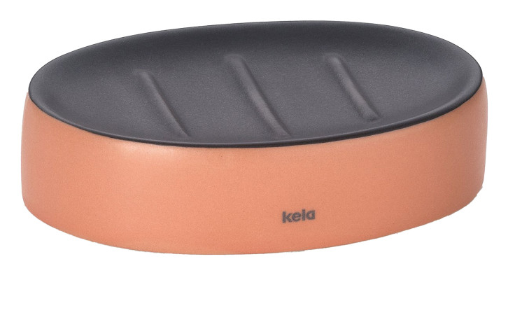 Seifenschale Matsi: oval, orangefarbener Boden, schwarz geriffelte Oberfläche, mit kela-Label - ideal für stilvolle Dekorationen.
