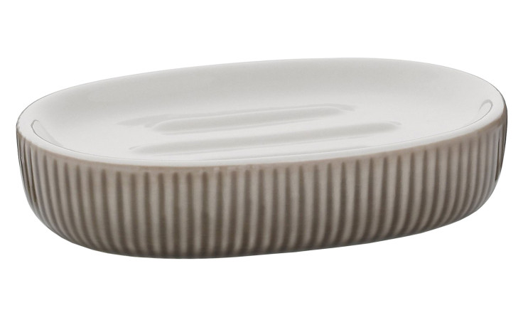 Seifenschale Ava: ovale, graue Keramikschale mit Rillen und weißem Innenraum, ideal fürs Bad.