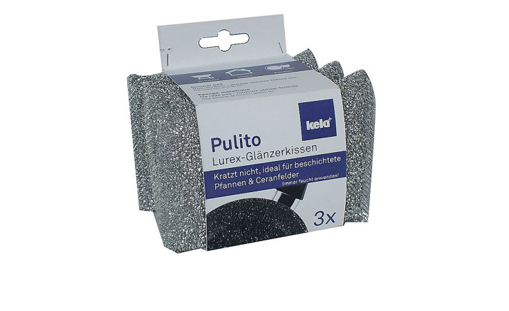 Glänzerkissen-Set Pulito 3 tlg., silberfarben, zum Reinigen von Töpfen und Pfannen, in Weiß-Blau-Verpackung.