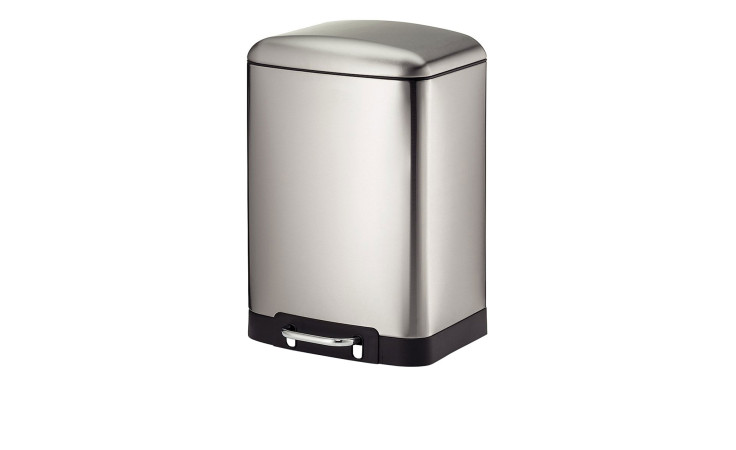 Kosmetikeimer Davino 12 l aus silberfarbenem Edelstahl mit Fußpedal, rechteckig, auf weißem Hintergrund.