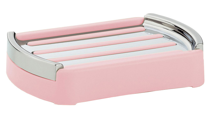 Seifenschale Marta 9 x 2,5 x 12,5 cm aus Kunststoff, rosa mit silbernen Akzenten und erhöhten Stäben.