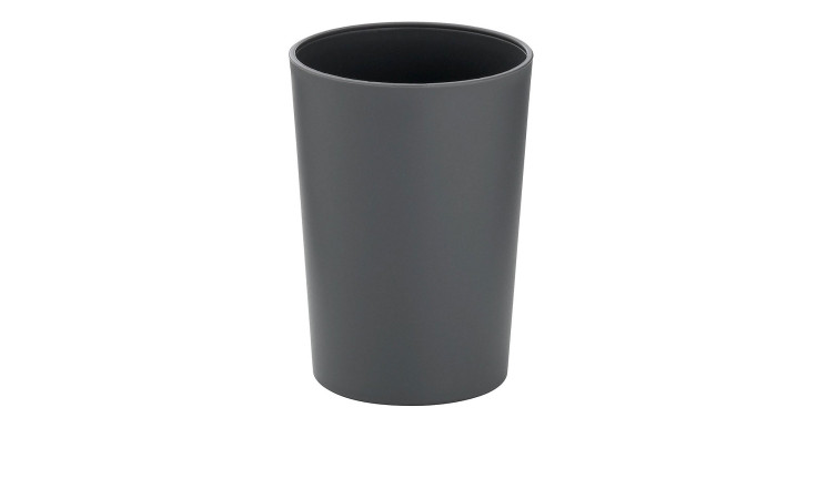 Eine schlichte Becher Marta 11 cm, hoch und grau matt Kunststoff, steht auf einem weißen Hintergrund.