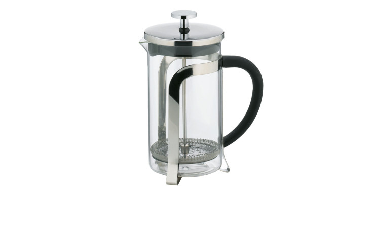 Der Kaffeebereiter Venecia 600 ml ist eine Glaspresse mit schwarzem Griff, Deckel und Stößel aus Edelstahl.