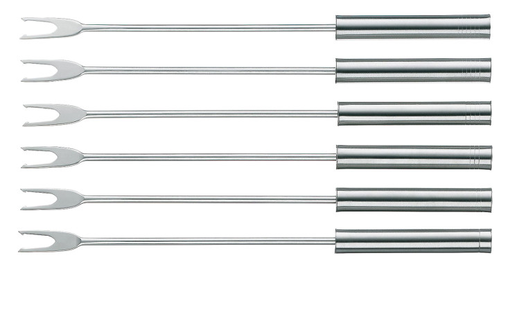 Sechs identische Fonduegabel-Set Belana 25 cm Gabeln in Silber, 2-zinkig, angeordnet auf weißem Hintergrund.