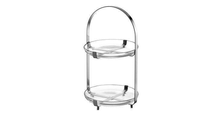 Leonardo Etagere Cucina 2-tlg.: zweistöckiger silberner Metallständer mit Griff für Teller, auf weißem Hintergrund.