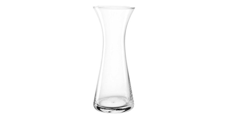 Die Leonardo Vase Gia 28 cm, eine transparente Glasvase mit schmalem Hals und breitem Boden, steht auf einem weißen Hintergrund.