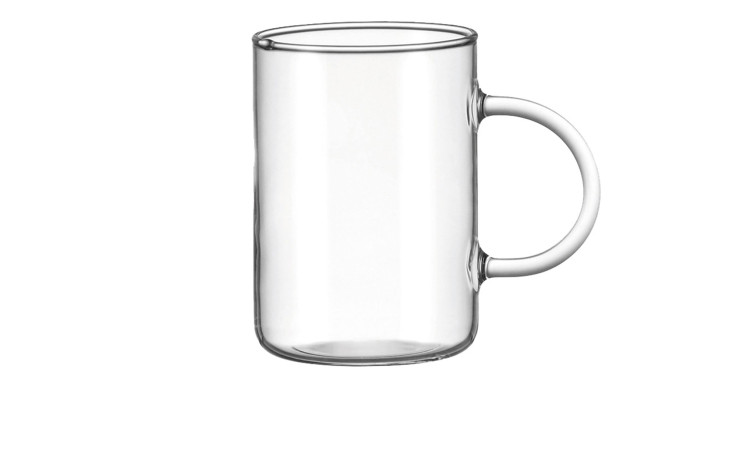 Das Leonardo Teeglas Novo 360 ml: ein transparenter Glasbecher mit Henkel, leer auf weißem Hintergrund.