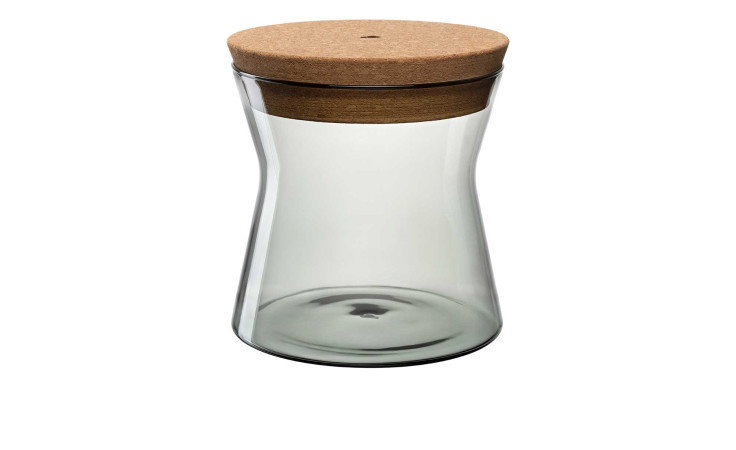 Leonardo Dose Forma X 1500 ml Klarglas mit Korkdeckel, breiter Boden, ideal für Dekoration, auf weißem Hintergrund.