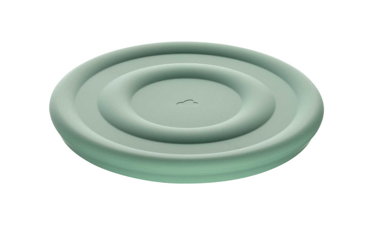 Leonardo Silikondeckel Cucina 14 cm: runder, flacher, grüner Silikondeckel mit Kreisen und Wolkenmotiv.