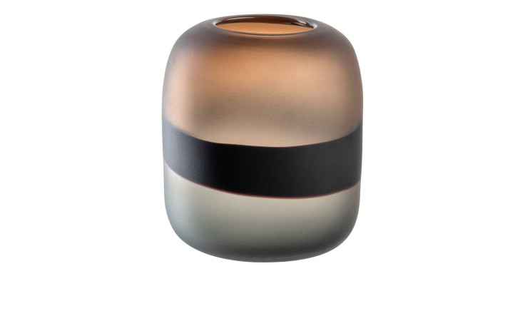 Leifheit Vase Corso 19 cm: Vase aus Milchglas mit runder Form, braunem Deckel, grauem Boden und schwarzem Streifen.