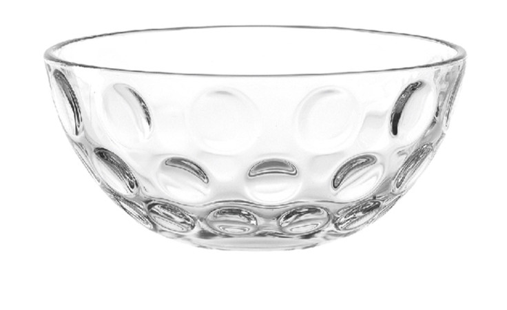 Leonardo Schale Cucina Optic, 10 cm, transparente Glasschale mit erhabenem, kreisförmigem Muster, auf weißem Grund.