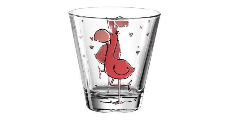 Leonardo Becher Bambini 215 ml aus mehrfarbigem Glas, 9 cm hoch, mit pinken Cartoon-Flamingos und roten Herzen.
