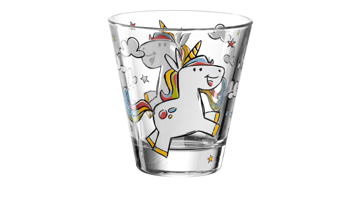Leonardo Becher Bambini 215 ml: 9 cm großes Glas mit buntem Einhorn, Wolken und Sternen außen bedruckt.