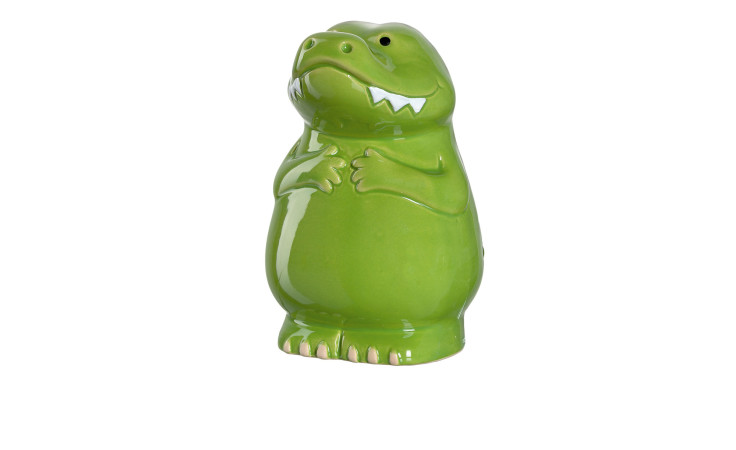 Eine grüne Leonardo Spardose Bambini 12,8 cm Keramik Dinosaurier Figur steht aufrecht auf einem weißen Hintergrund.