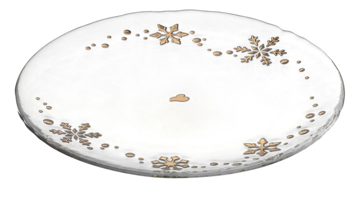Teller Autentico 21 cm aus transparentem Kalk-Soda-Glas mit goldenen Schneeflocken.