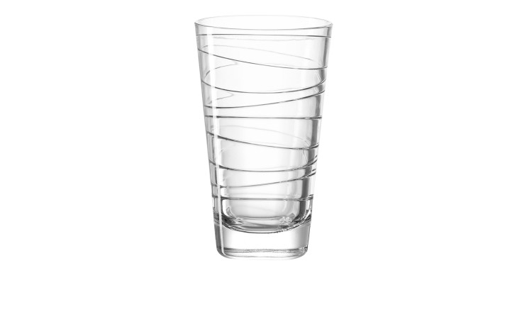 Der Leonardo Longdrinkbecher Vario 280 ml ist ein klares Glas mit einem spiralförmigen Design, das aufrecht auf weißem Hintergrund abgebildet ist.