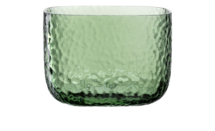 Ein grüner, quadratischer Glasbecher von Leonardo, Vase Martello 13 cm, mit Maßen und einer gewellten, strukturierten Oberfläche.