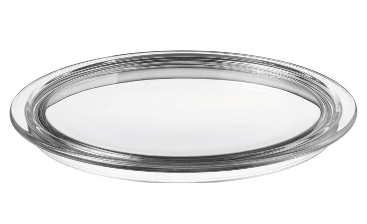 Leonardo Tortenplatte Ciao, 34 cm runde transparente Glasplatte, abgebildet auf weißem Hintergrund.