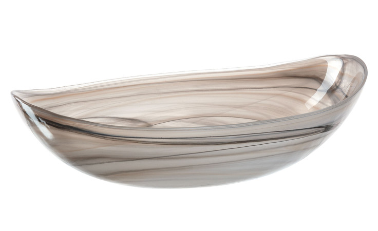 Die Leonardo Schale Alabastro 32 cm ist eine durchscheinende ovale Schale mit beigen, grauen und braunen Wirbelmustern.