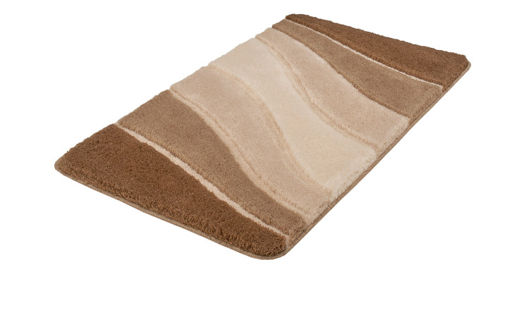 Kleine Wolke Badteppich Ocean 60x100 cm, Synthetikfaser mit braunen und beigen Wellenstreifen auf weißem Grund.