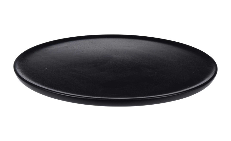 Kerzenplatte 38 cm: Eine runde, flache schwarze Holzplatte mit erhöhtem Rand - ideal als Dekoration oder Zubehör.