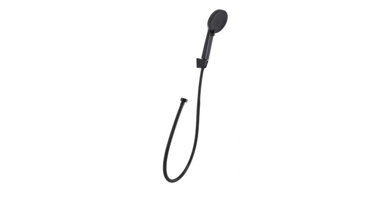 Duschkopf mit Schlauch in Schwarz, ideal als Badezimmer Zubehör, auf weißem Hintergrund montiert.