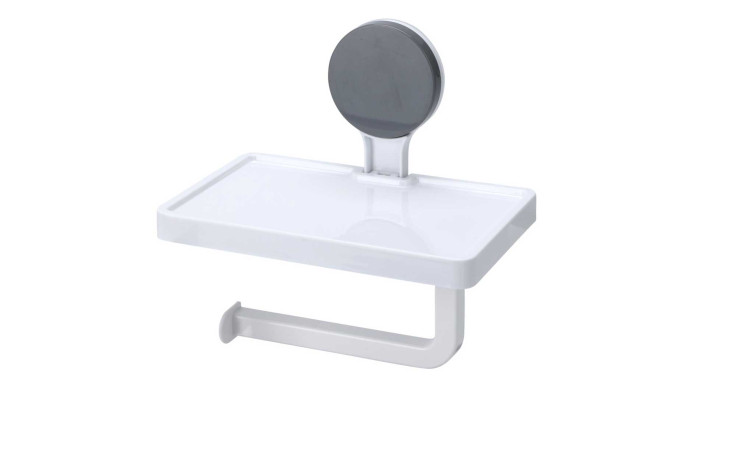 Der WC-Rollenhalter ist eine weiße Wandablage aus Kunststoff, 17 cm hoch, mit Haken und Saugnapf für Toilettenpapier.