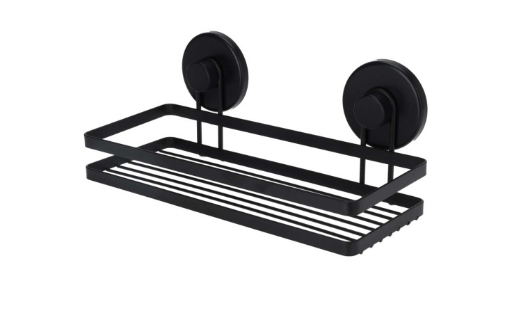 Badezimmerregal in Schwarz, wandmontiert mit zwei runden Saugnäpfen und rechteckigem Korb-praktischem Zubehör.