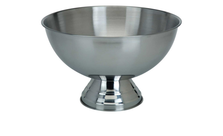 Die Schale 40 cm ist eine große Edelstahlschale mit breitem Rand und Sockel, ideal für Dekorationen auf weißem Untergrund.