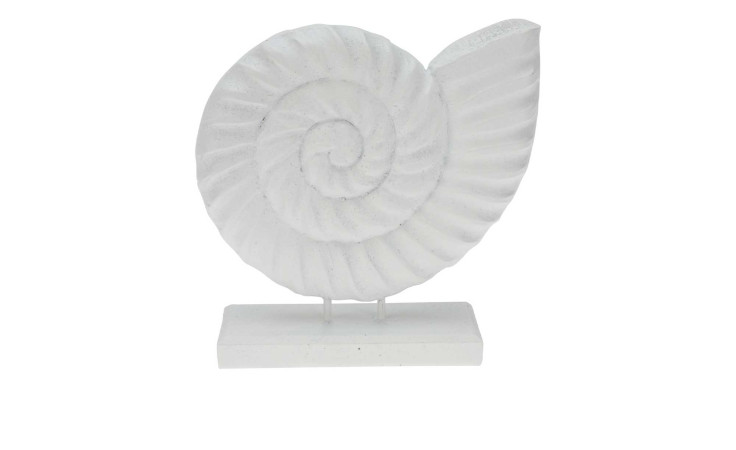 Muschel 16 cm: Weiße dekorative Spiral-Muschel-Skulptur auf rechteckigem Sockel, Höhe 16 cm.