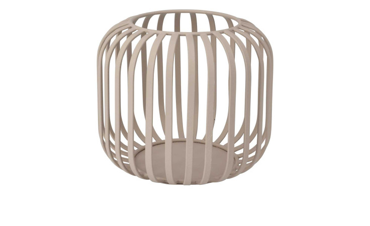 Beigefarbene, runde Metall-Laterne 15 x 13 cm mit senkrechten Stäben und offenem Deckel für Deko oder Zubehör auf weißem Hintergrund.