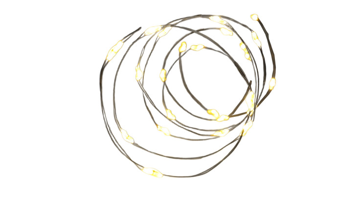 Silberdraht 80 LEDs, 395 cm lang, batteriebetrieben, kleine leuchtende gelbe Lichter auf weißem Hintergrund.