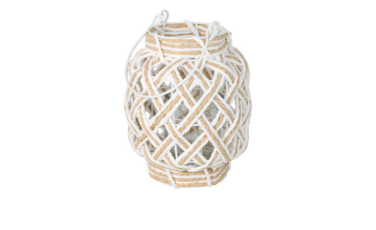 Beige Laterne 16 x 20 cm aus geflochtenem Wicker mit Glaseinsatz und Weißgriff, ideal für stilvolle Deko.