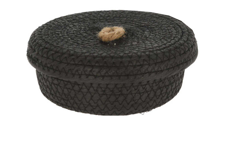 Korb mit Deckel, schwarz, rund, 16 x 6,5 cm, mit Seilgriff - freigestellt auf weißem Hintergrund.