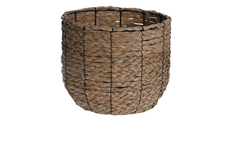 Ein runder Korb 36 x 28 cm, geflochtener Korb mit verjüngter Form und oben offen, isoliert auf weißem Hintergrund.