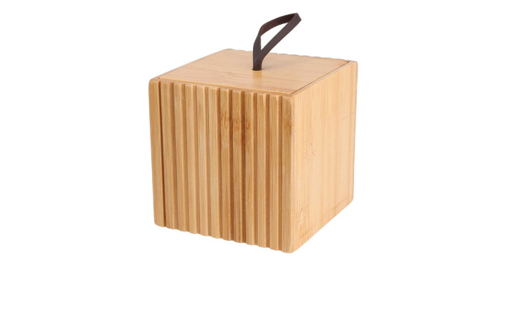 Aufbewahrungsbox 9 x 9 x 9 cm, holzfarben mit Rillen und brauner Stoffschlaufe, ideal für Bambus Dekoration.