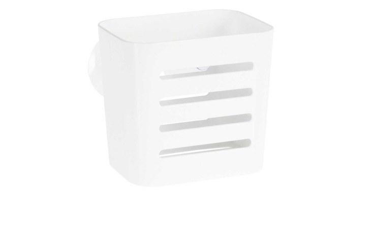 Weißes Badezimmerregal 10 x 11 x 8 cm mit horizontalen Schlitzen und Saugnapf zur Wandmontage.