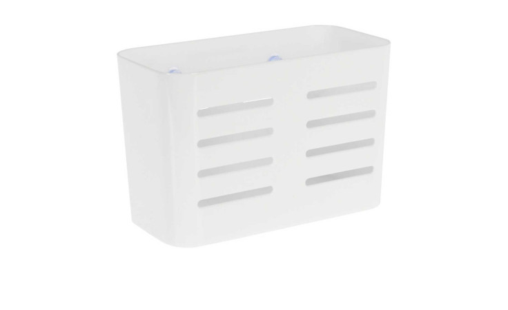 Ein weißes Badezimmerregal (12x11x19 cm) mit Frontschlitzen, ideal für Zubehör oder Dekoration.