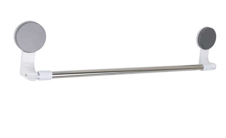 Handtuchhalter 58,5 x 11,8 cm aus Edelstahl mit weißen und grauen Saugnapfbefestigungen vor weißem Hintergrund.