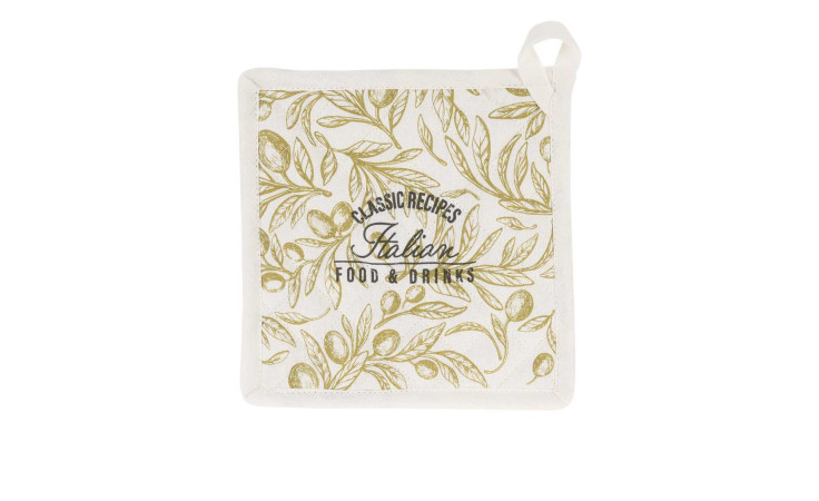 Topflappen 20 x 20 cm in Weiß-Grün, Baumwolle, mit Olivenzweig-Deko und "Classic Recipes Italian Food & Drinks"-Aufdruck.