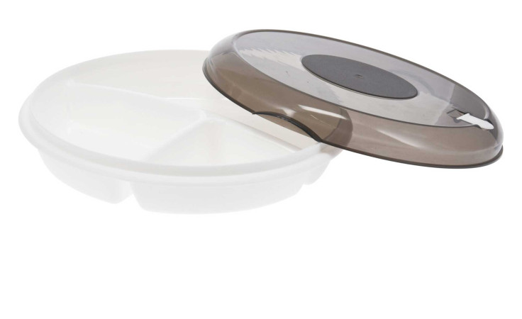 Runder mikrowellengeeigneter Teller "Mikrowellenteller 24,5 x 6,5 cm" in Weiß mit 3 Fächern und halboffenem Klarsichtdeckel.