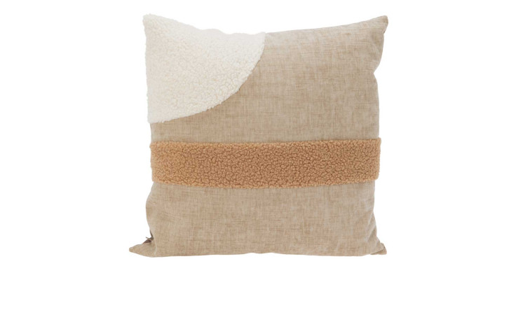 Kissen 45 x 45 cm, quadratisch beige mit weißer Strukturecke und einem horizontalen Chenillestreifen in hellbraun.