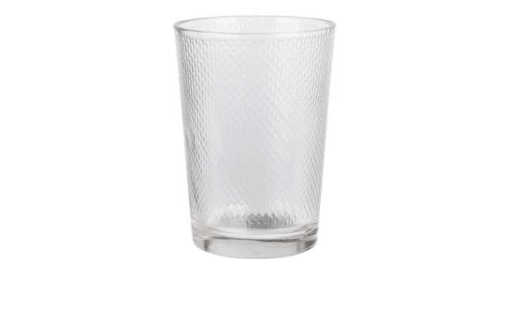 Ein Trinkglas-Set 6tlg 425 ml aus strukturiertem Glas steht leer und aufrecht auf einem weißen Hintergrund.