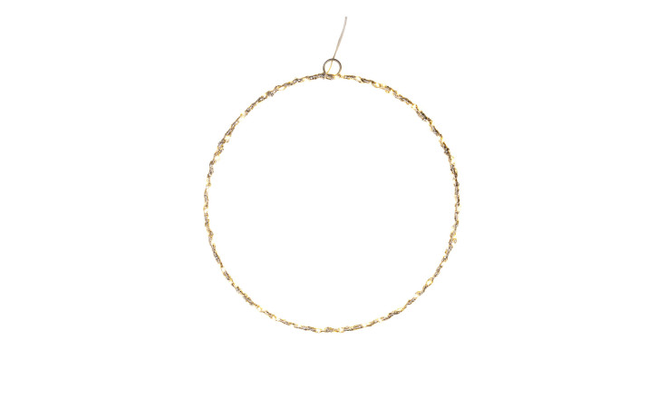 Ein schmaler goldener Reifen namens "Ring 48 LEDs" mit einer kleinen Schleife, Schnur und Batterien, isoliert auf weißem Hintergrund.