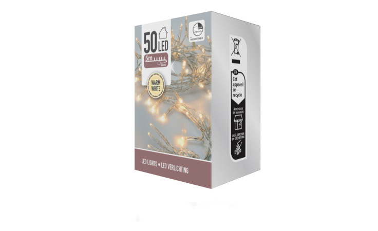LED-Lichterkette 50 LEDs, warm weiß, 500 cm lang, Box mit Produktinfos; Batterien erforderlich.