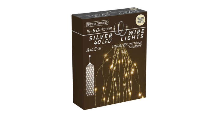 Braune Box mit batteriebetriebenen Silberdraht 40 LEDs, 8 cm breit, mit warmweißen Glühbirnen für den Innen- und Außenbereich.